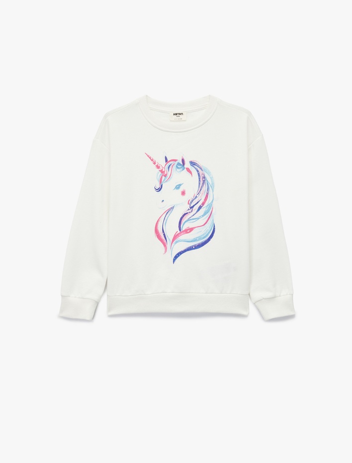 Kız Çocuk Uzun Kollu Bisiklet Yaka Unicorn Baskılı Pamuklu Şardonlu Sweatshirt