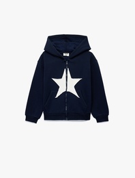 Uzun Kollu Yıldız Desenli Fermuarlı Kapşonlu Sweatshirt