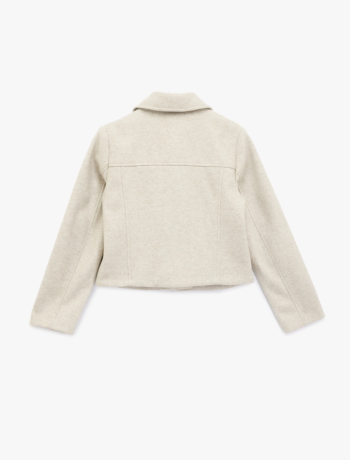  Uzun Kollu Cepli Fermuarlı Crop Kaşe Ceket