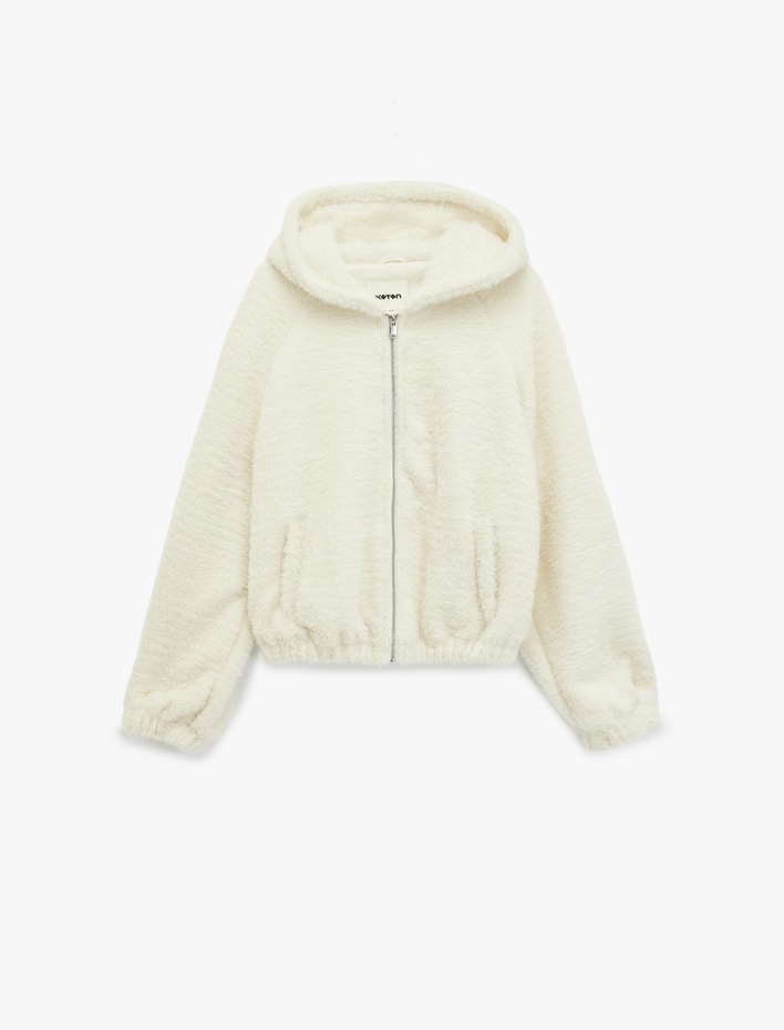  Uzun Kollu Cepli Fermuarlı Kapüşonlu Peluş Ceket