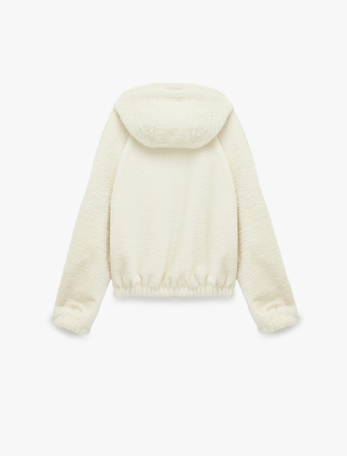  Uzun Kollu Cepli Fermuarlı Kapüşonlu Peluş Ceket