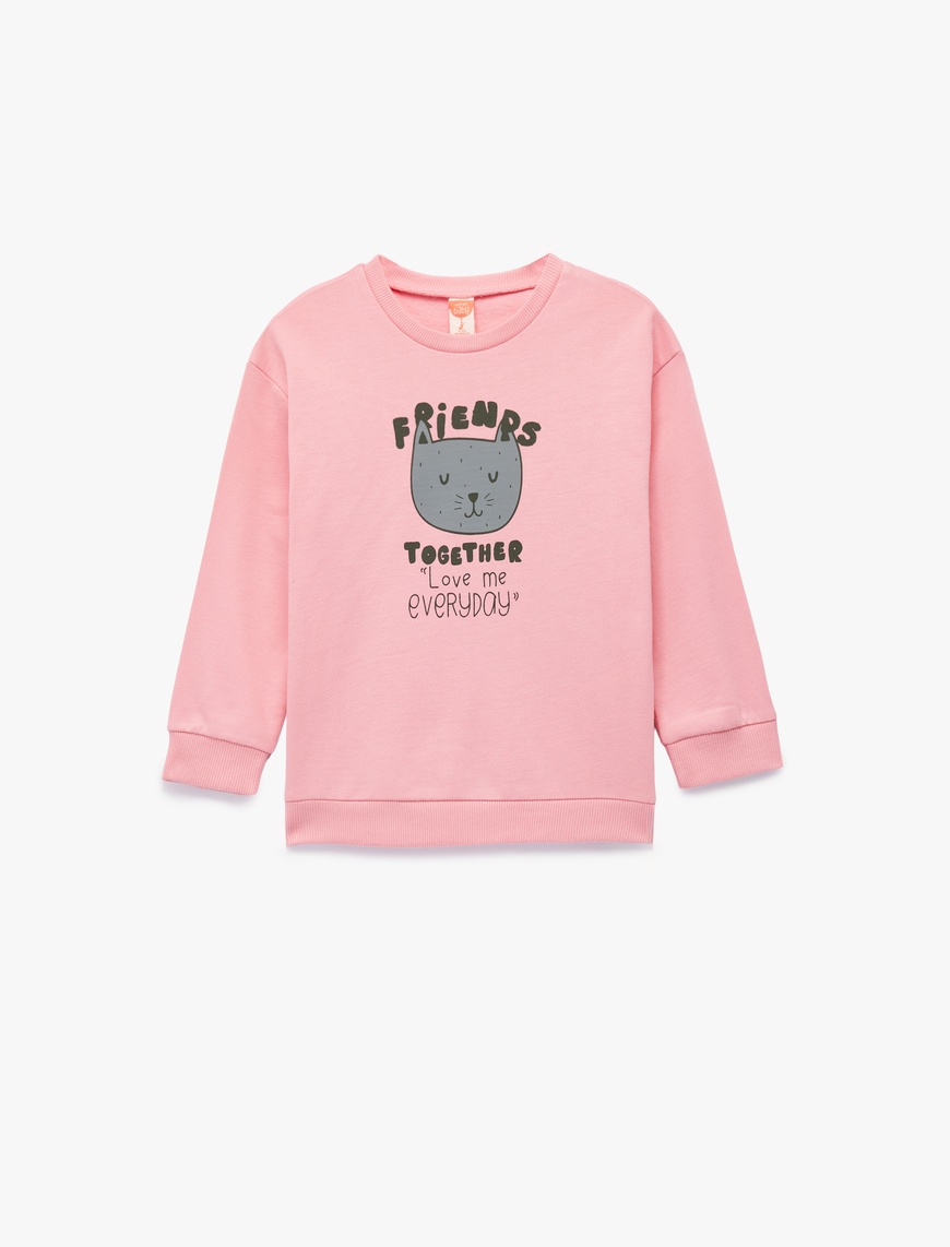 Koton Kız Bebek Pamuklu Uzun Kollu Bisiklet Yaka Baskılı Şardonlu Sweatshirt