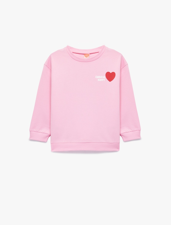 Kız Bebek Uzun Kollu Bisiklet Yaka Kalp Baskılı Pamuklu Sweatshirt