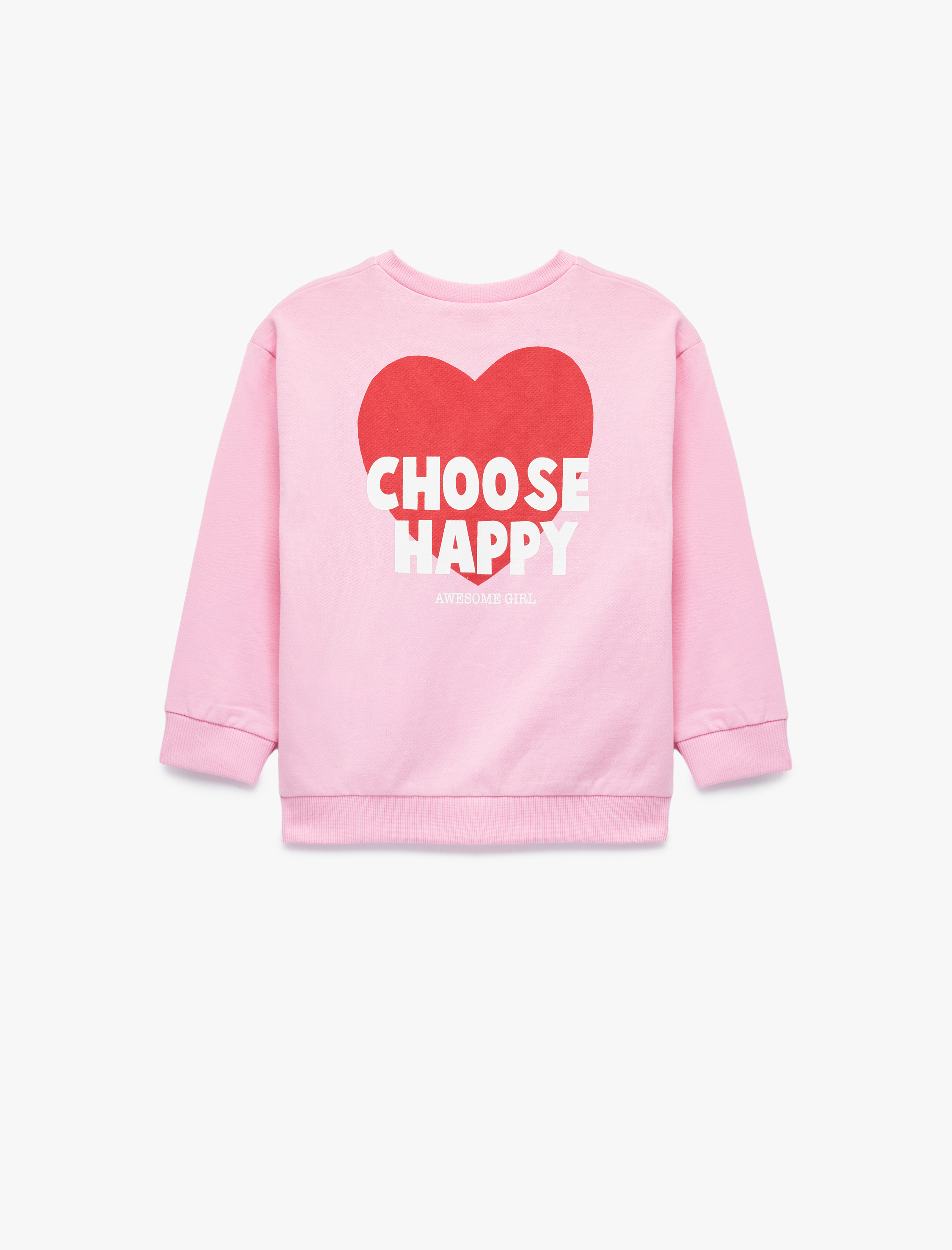  Kız Bebek Uzun Kollu Bisiklet Yaka Kalp Baskılı Pamuklu Sweatshirt