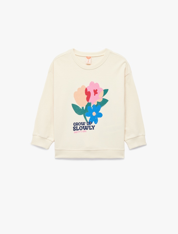 Kız Bebek Pamuklu Uzun Kollu Bisiklet Yaka Çiçek Baskılı Sweatshirt