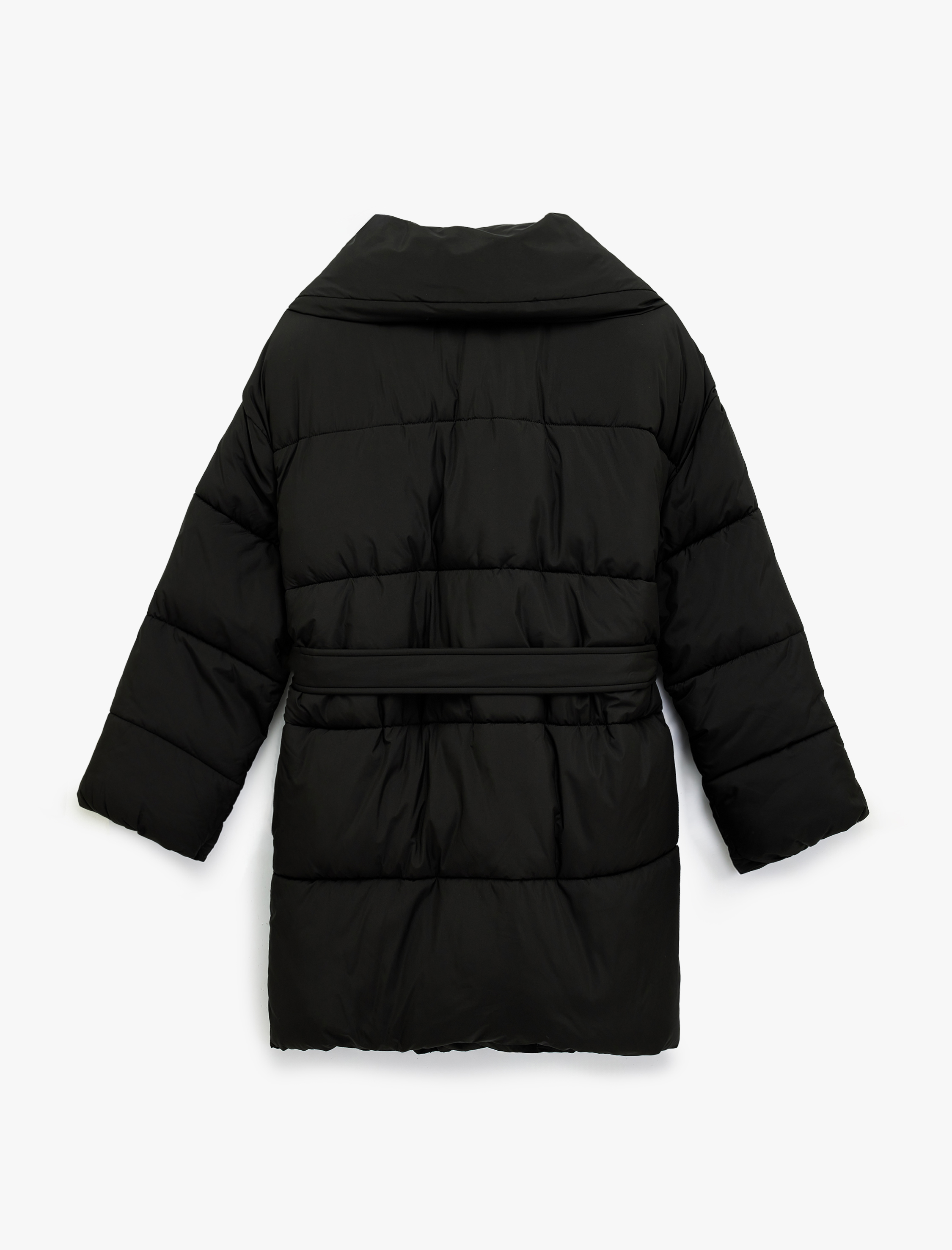   Uzun Kollu Cepli Fermuarlı Şal Yaka Kemerli Su İtici Anorak Şişme Mont