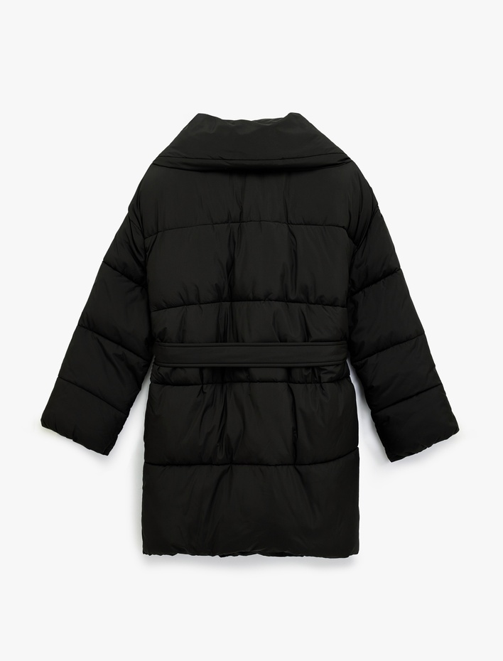  Uzun Kollu Cepli Fermuarlı Şal Yaka Kemerli Su İtici Anorak Şişme Mont