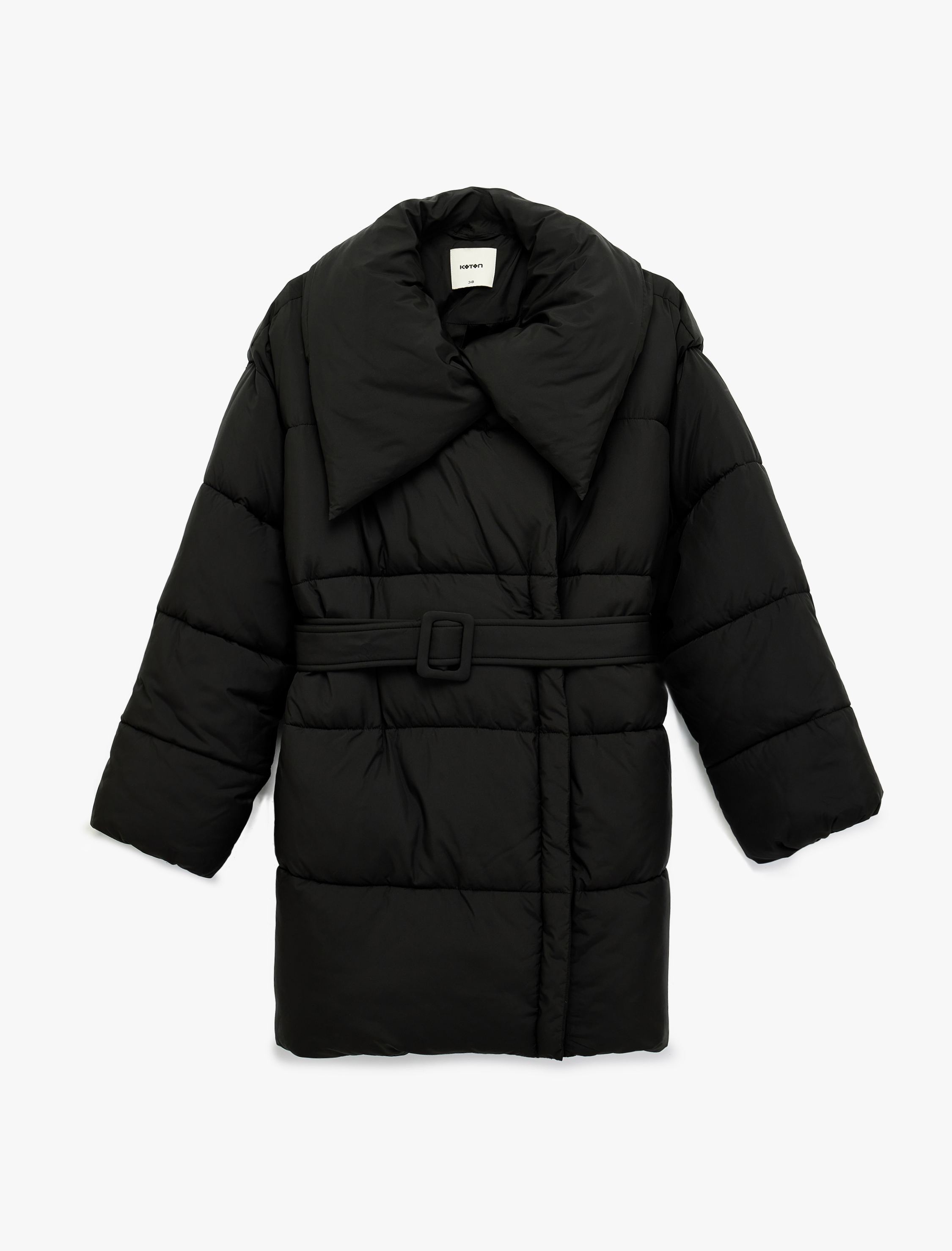   Uzun Kollu Cepli Fermuarlı Şal Yaka Kemerli Su İtici Anorak Şişme Mont