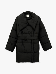 Uzun Kollu Cepli Fermuarlı Şal Yaka Kemerli Su İtici Anorak Şişme Mont