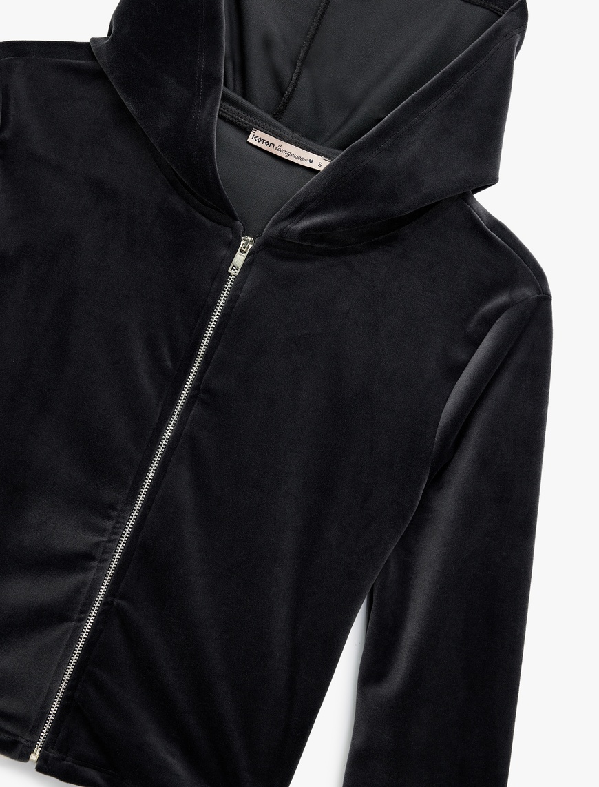   Fermuarlı Uzun Kollu Rahat Kalıp Kapüşonlu Crop Pijama Üstü