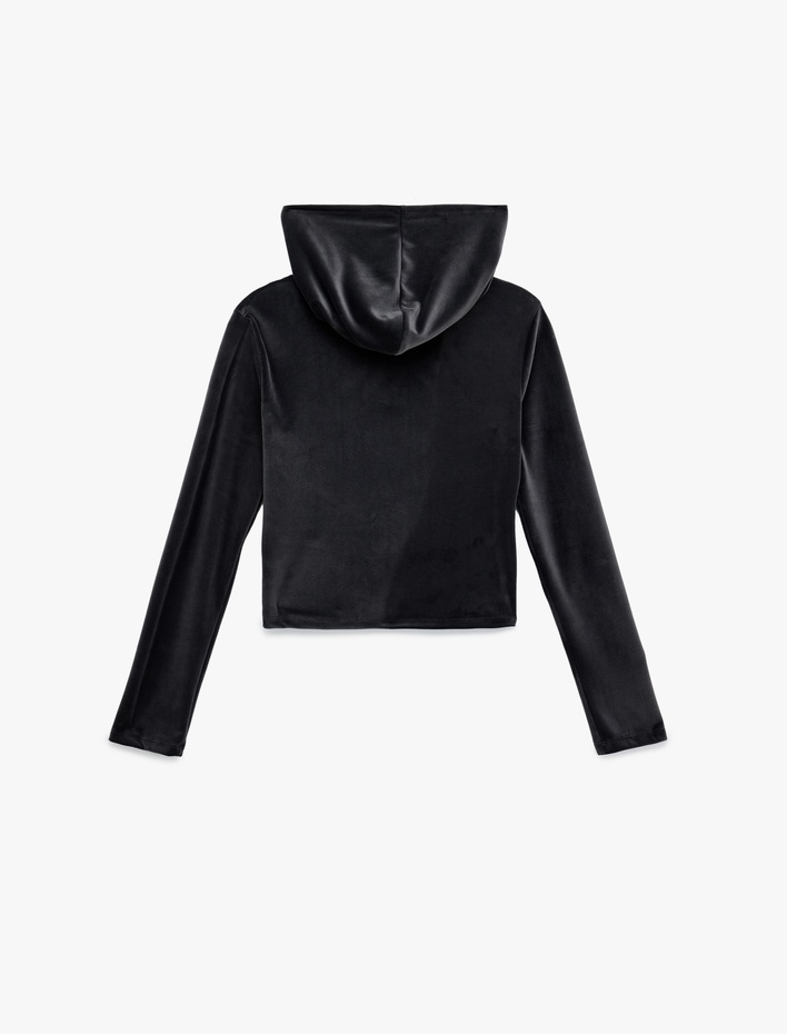  Fermuarlı Uzun Kollu Rahat Kalıp Kapüşonlu Crop Pijama Üstü