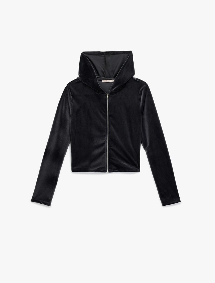  Fermuarlı Uzun Kollu Rahat Kalıp Kapüşonlu Crop Pijama Üstü