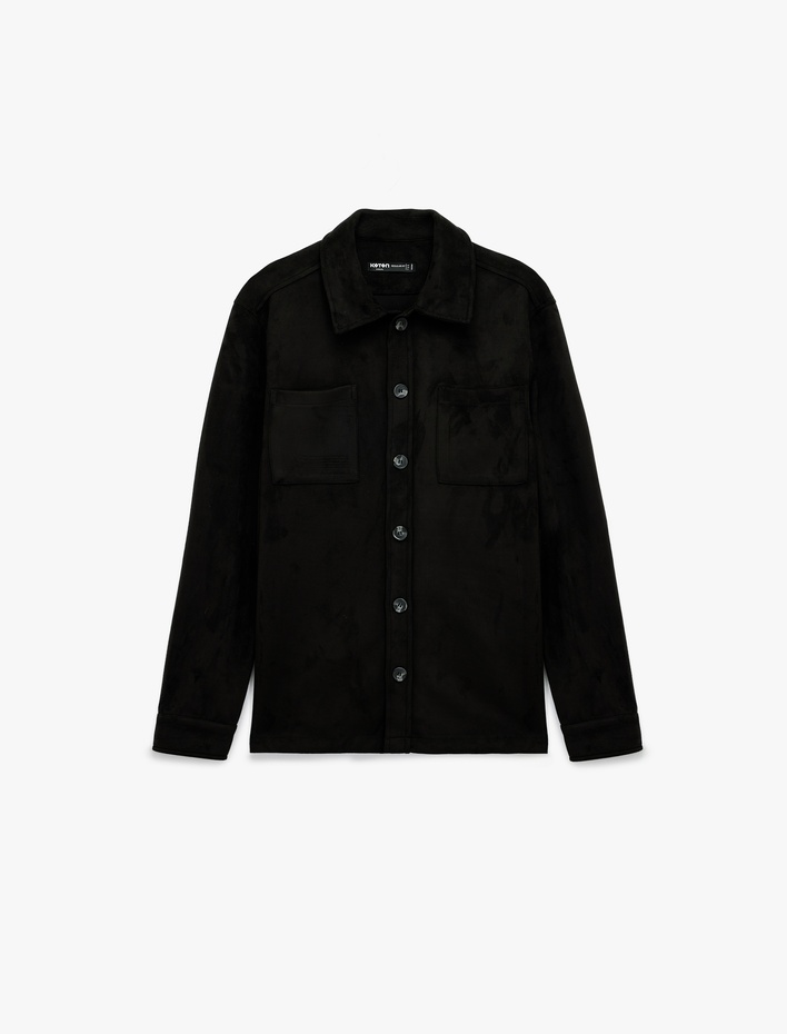  Regular Fit Uzun Kollu Cep Detaylı Klasik Yaka Suni Süet Gömlek