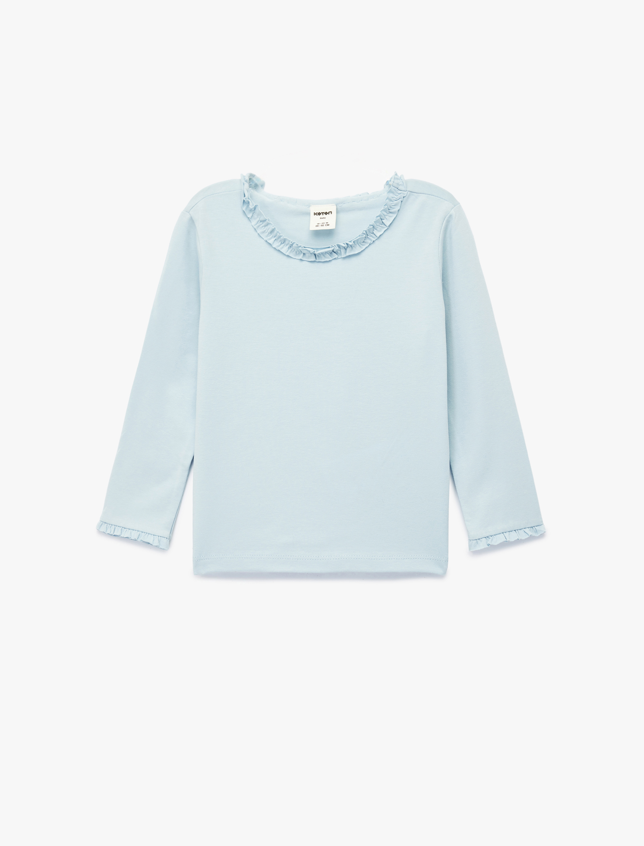 Kız Bebek Fırfırlı Uzun Kollu Bisiklet Yaka Pamuklu Basic Tişört