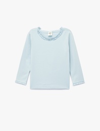 Fırfırlı Uzun Kollu Bisiklet Yaka Pamuklu Basic Tişört