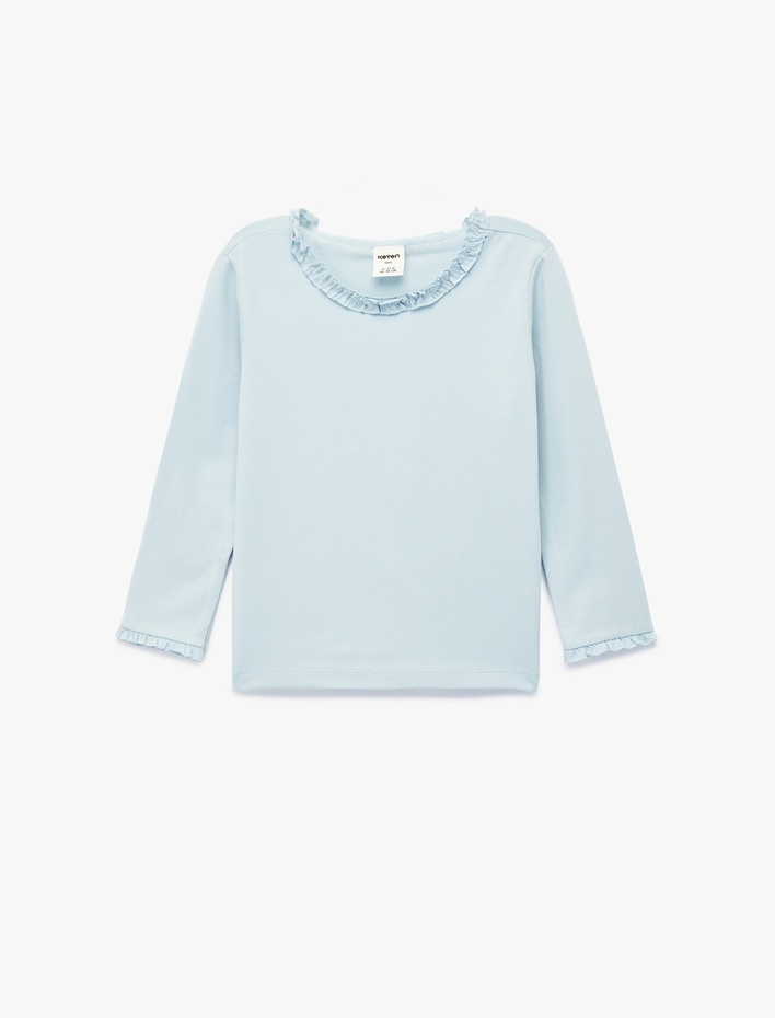 Kız Bebek Fırfırlı Uzun Kollu Bisiklet Yaka Pamuklu Basic Tişört