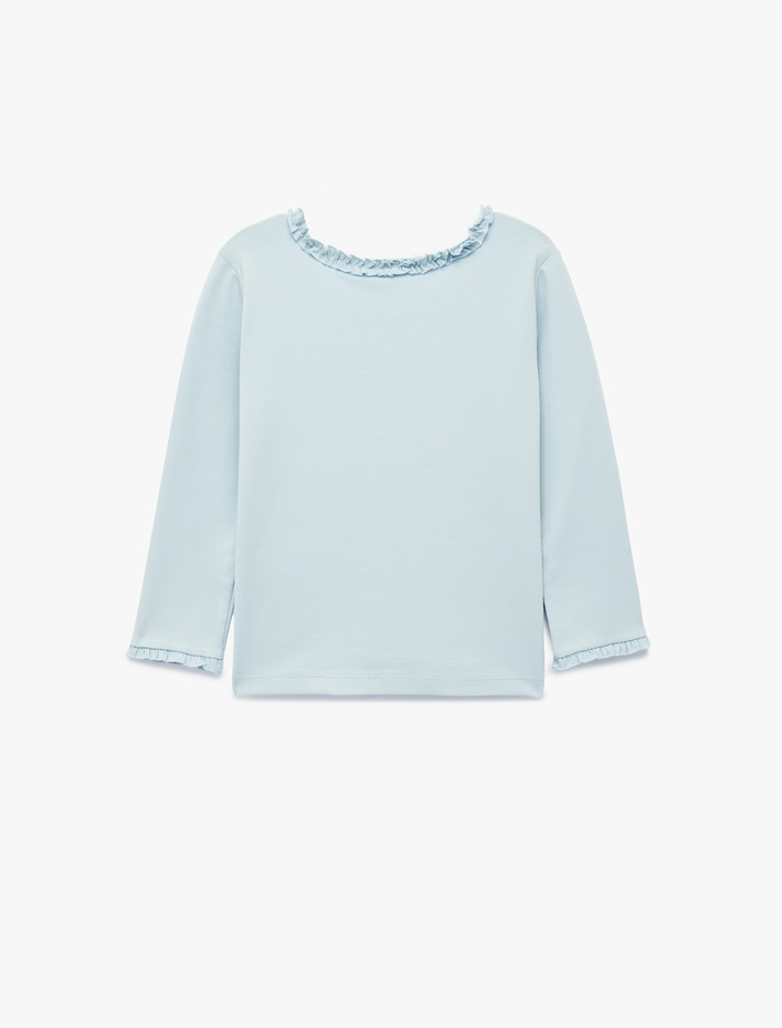 Kız Bebek Fırfırlı Uzun Kollu Bisiklet Yaka Pamuklu Basic Tişört