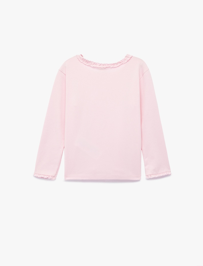 Kız Bebek Fırfırlı Uzun Kollu Bisiklet Yaka Pamuklu Basic Tişört