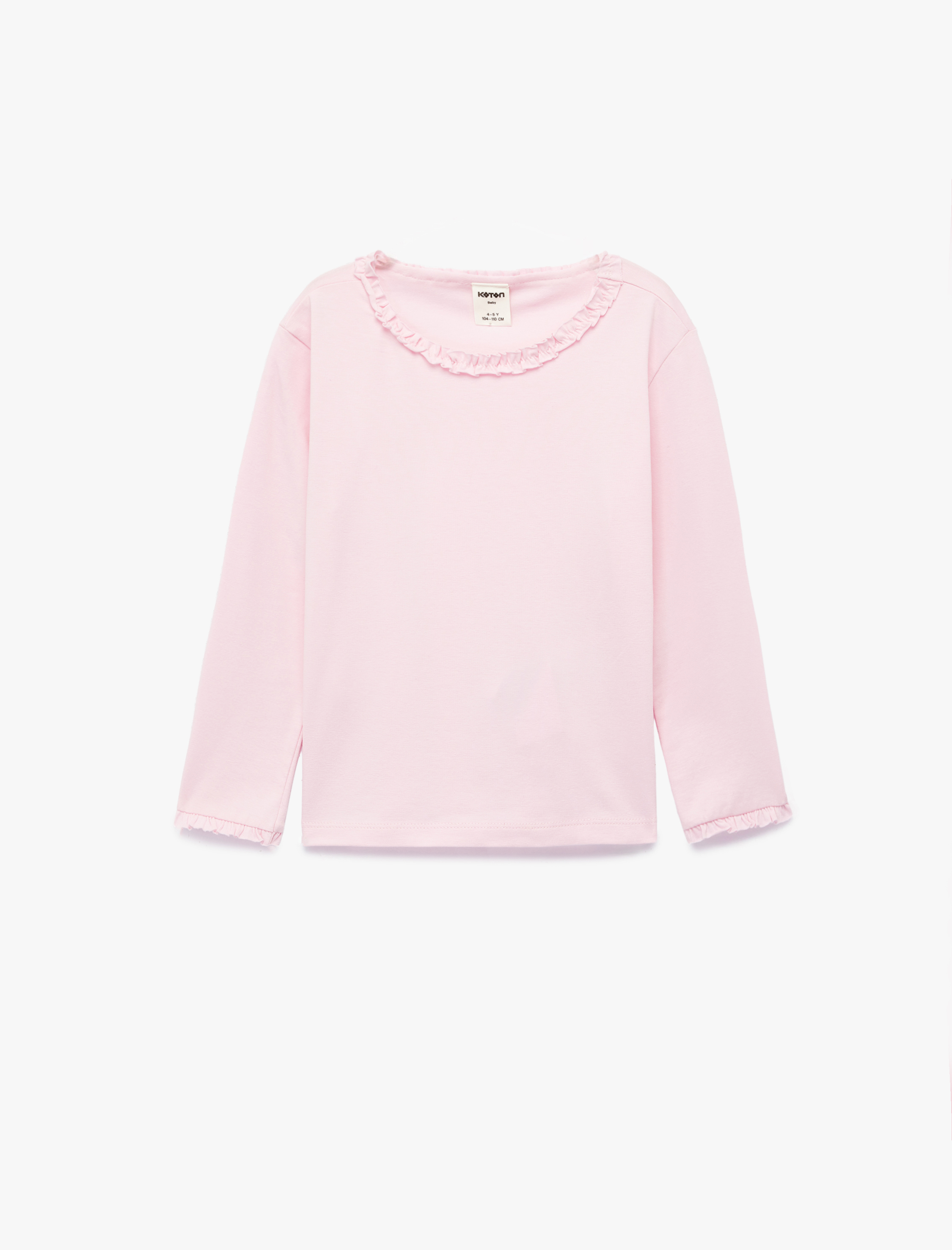  Kız Bebek Fırfırlı Uzun Kollu Bisiklet Yaka Pamuklu Basic Tişört