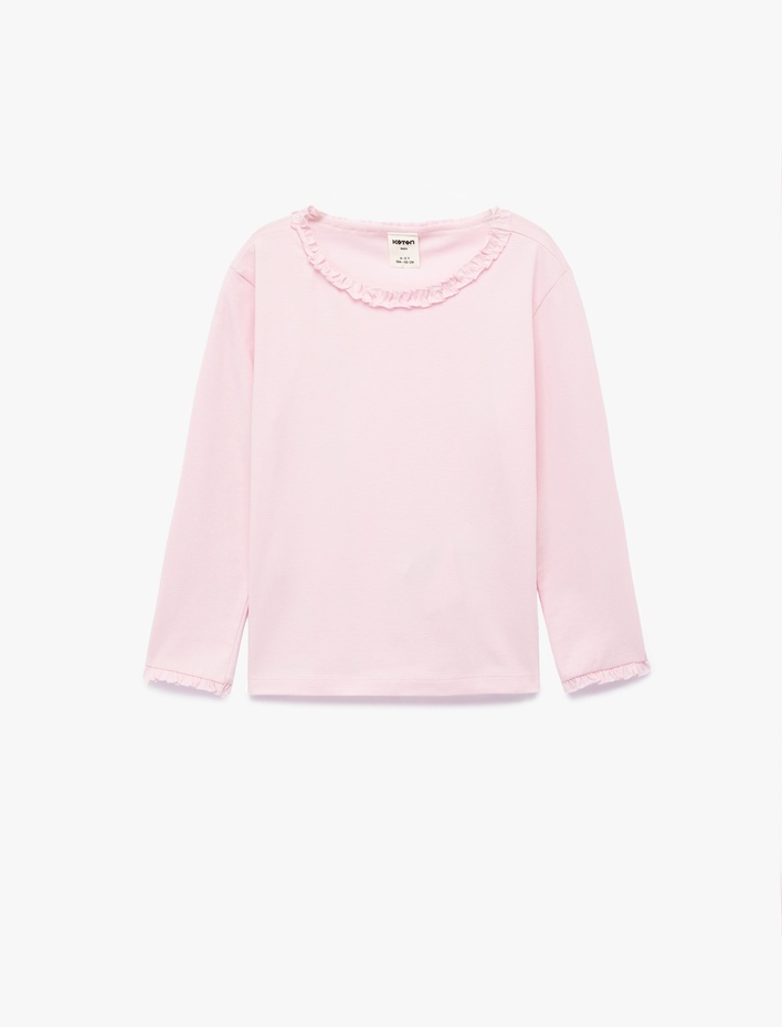 Kız Bebek Fırfırlı Uzun Kollu Bisiklet Yaka Pamuklu Basic Tişört