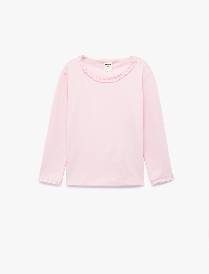 Koton Kız Bebek Fırfırlı Uzun Kollu Bisiklet Yaka Pamuklu Basic T-Shirt
