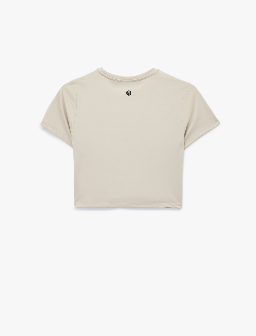   Slim Fit Kısa Kollu Bisiklet Yaka Baskılı Crop Spor Tişört