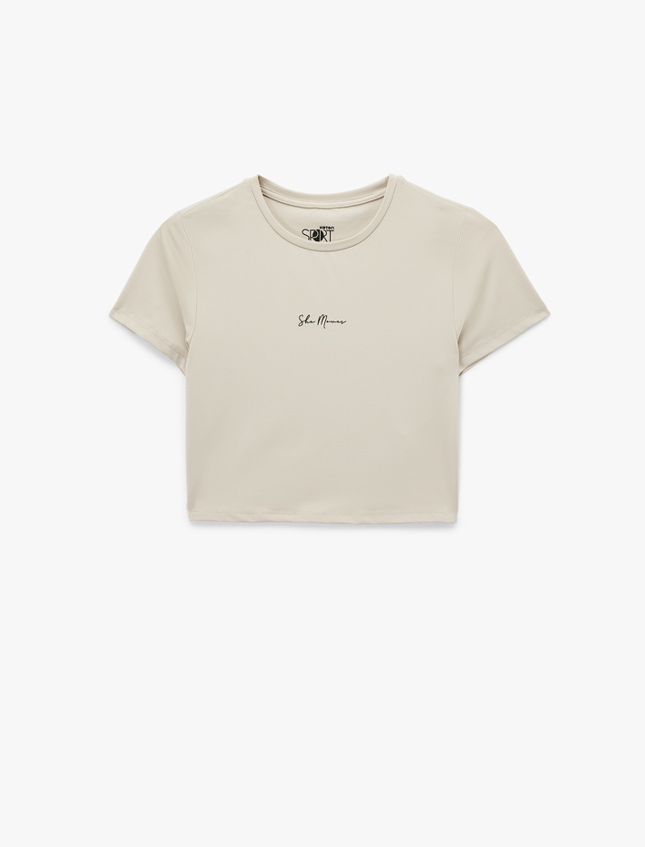  Slim Fit Kısa Kollu Bisiklet Yaka Baskılı Crop Spor Tişört