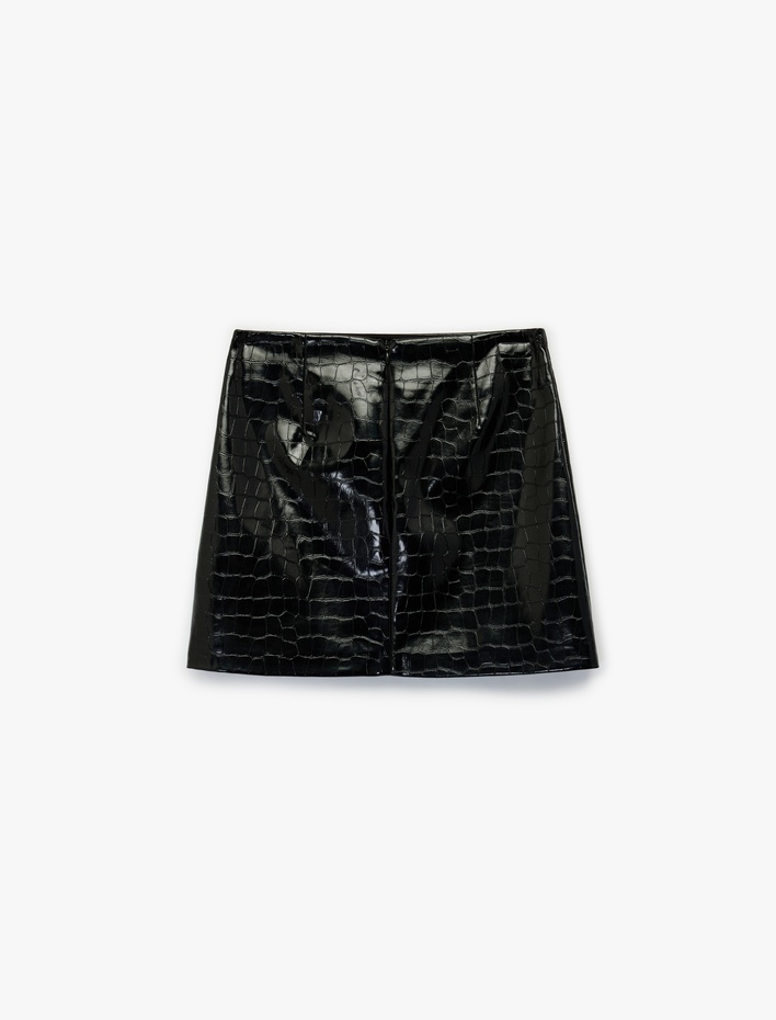  Kroko Görünümlü Suni Deri A Kesim Mini Etek