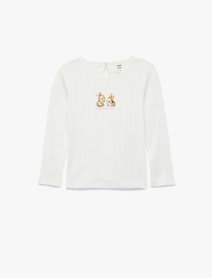 Kız Bebek Tavşan Baskılı Uzun Kollu Bisiklet Yaka Tişört