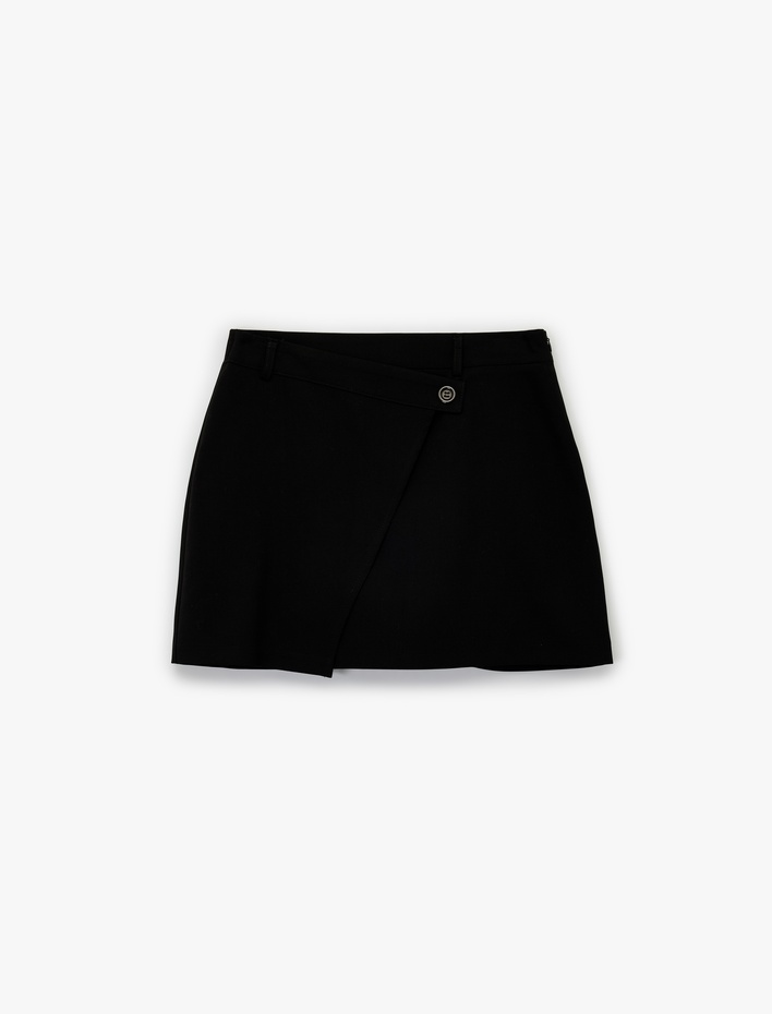  Viskon Karışımlı Düğmeli Slim Fit Kruvaze Mini Şort Etek