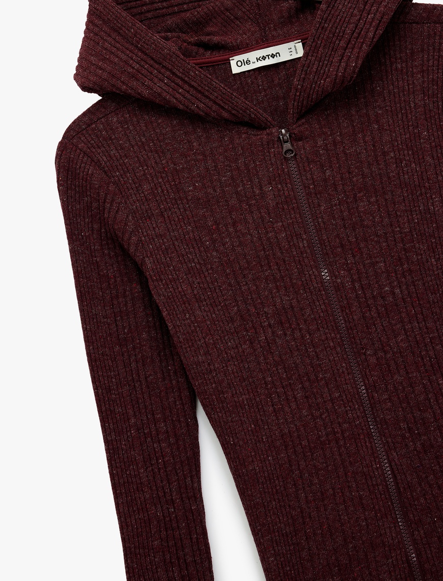   Slim Fit Kapüşonlu Uzun Kollu Dokulu Fermuarlı Hırka