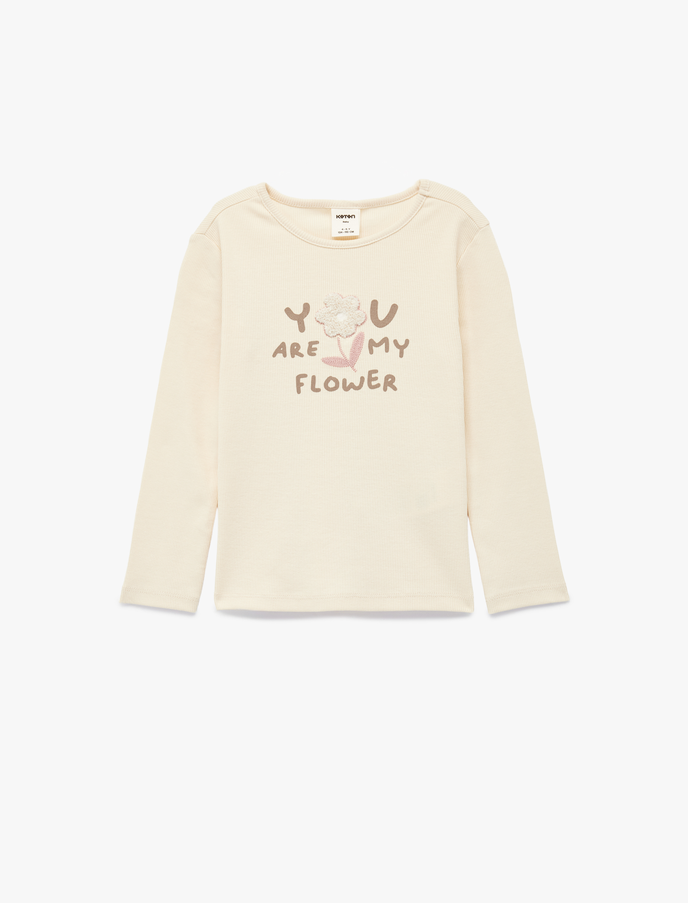  Kız Bebek Nakış Detaylı Uzun Kollu Bisiklet Yaka Pamuklu Tişört