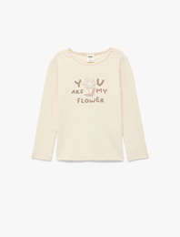 Nakış Detaylı Uzun Kollu Bisiklet Yaka Pamuklu Tişört