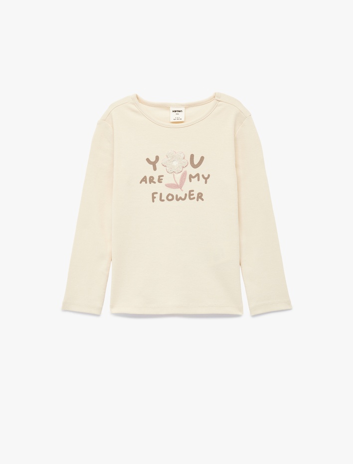 Kız Bebek Nakış Detaylı Uzun Kollu Bisiklet Yaka Pamuklu Tişört