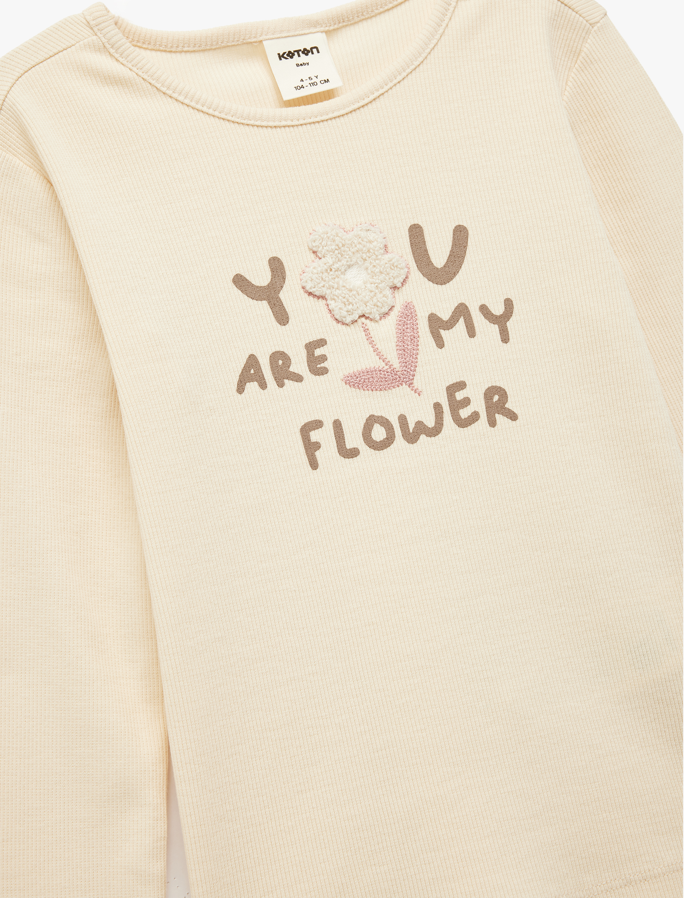  Kız Bebek Nakış Detaylı Uzun Kollu Bisiklet Yaka Pamuklu Tişört