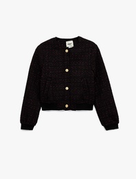 Düğmeli Bisiklet Yaka Uzun Kollu Tüvit Ceket