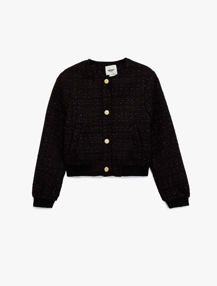  Düğmeli Bisiklet Yaka Uzun Kollu Tüvit Ceket