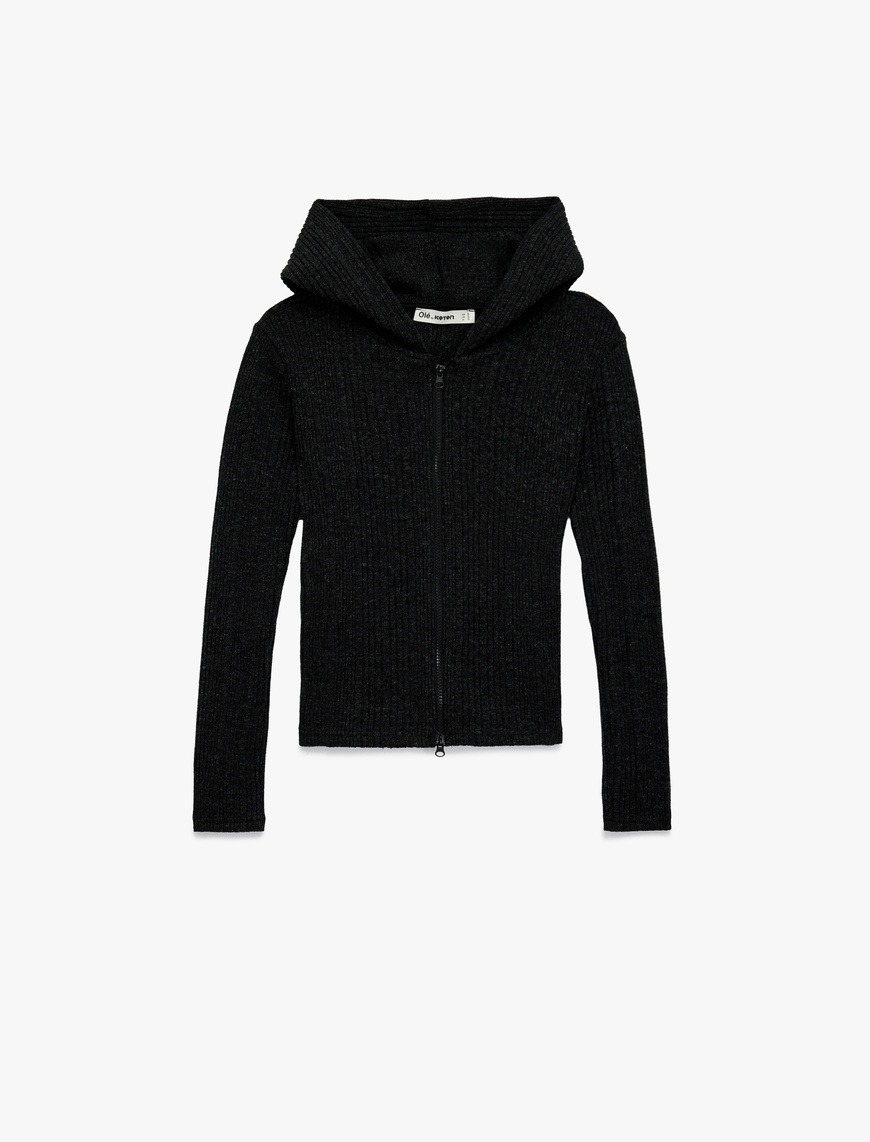   Slim Fit Kapüşonlu Uzun Kollu Dokulu Fermuarlı Hırka