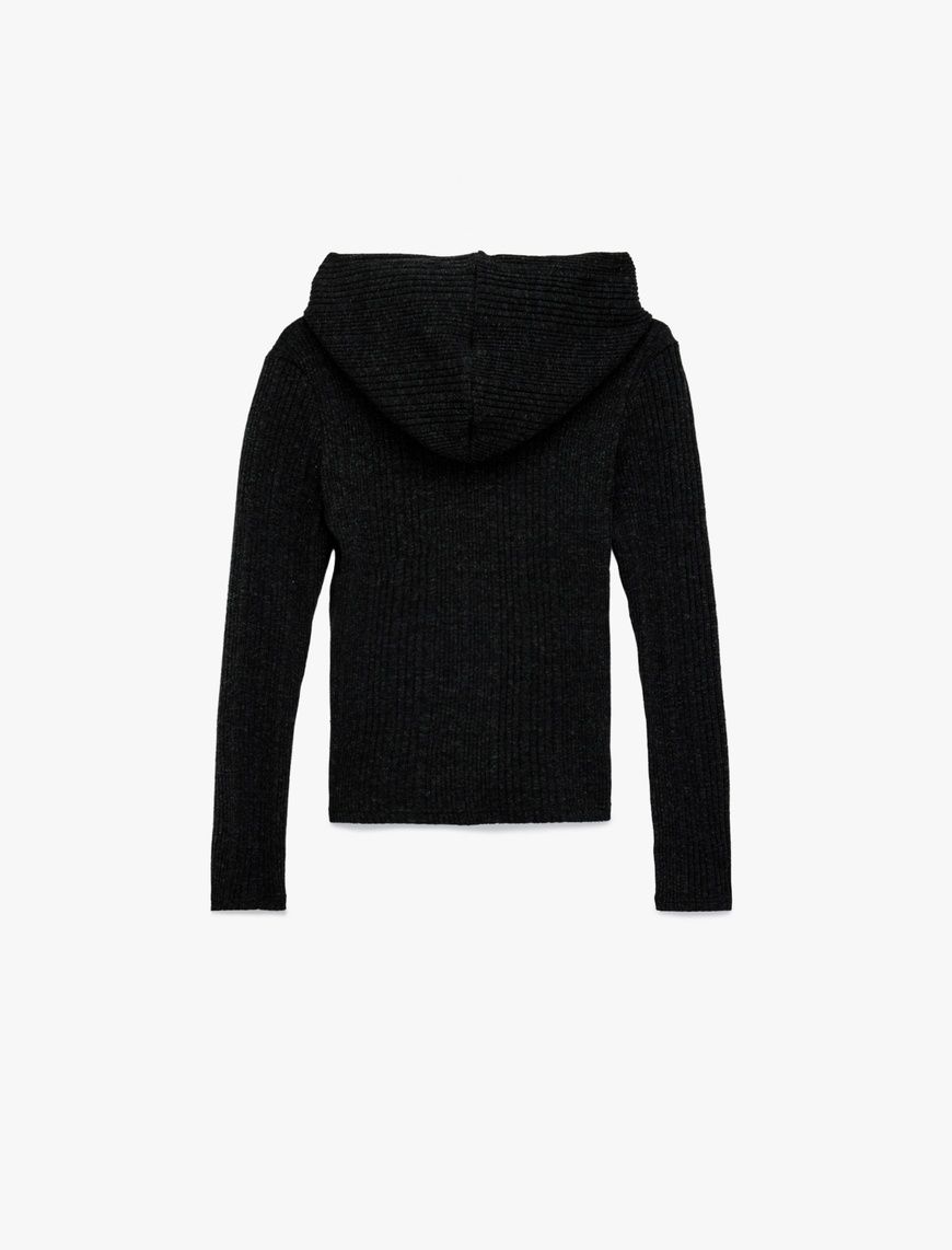  Slim Fit Kapüşonlu Uzun Kollu Dokulu Fermuarlı Hırka