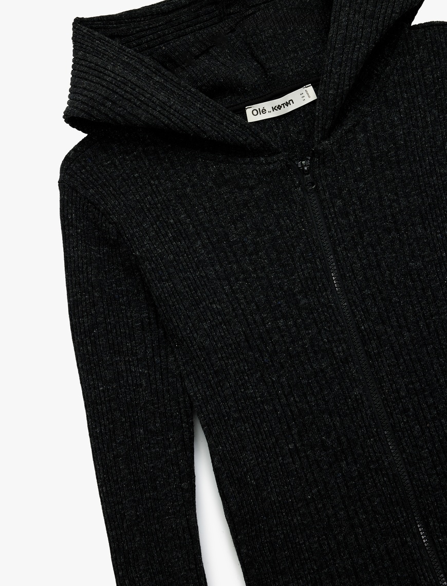   Slim Fit Kapüşonlu Uzun Kollu Dokulu Fermuarlı Hırka