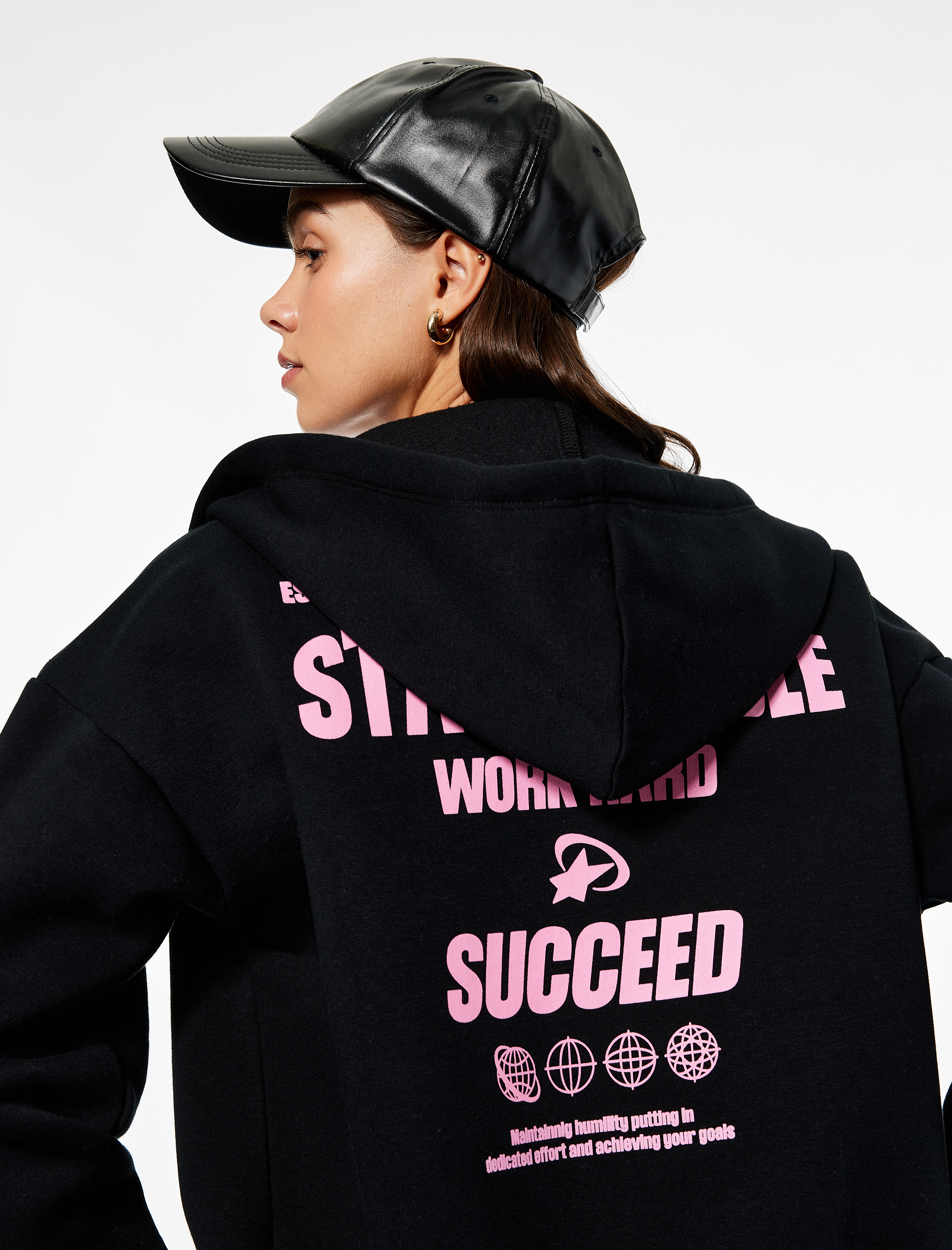   Arkası Baskılı Uzun Kollu Fermuarlı Kapüşonlu Şardonlu Oversize Sweatshirt