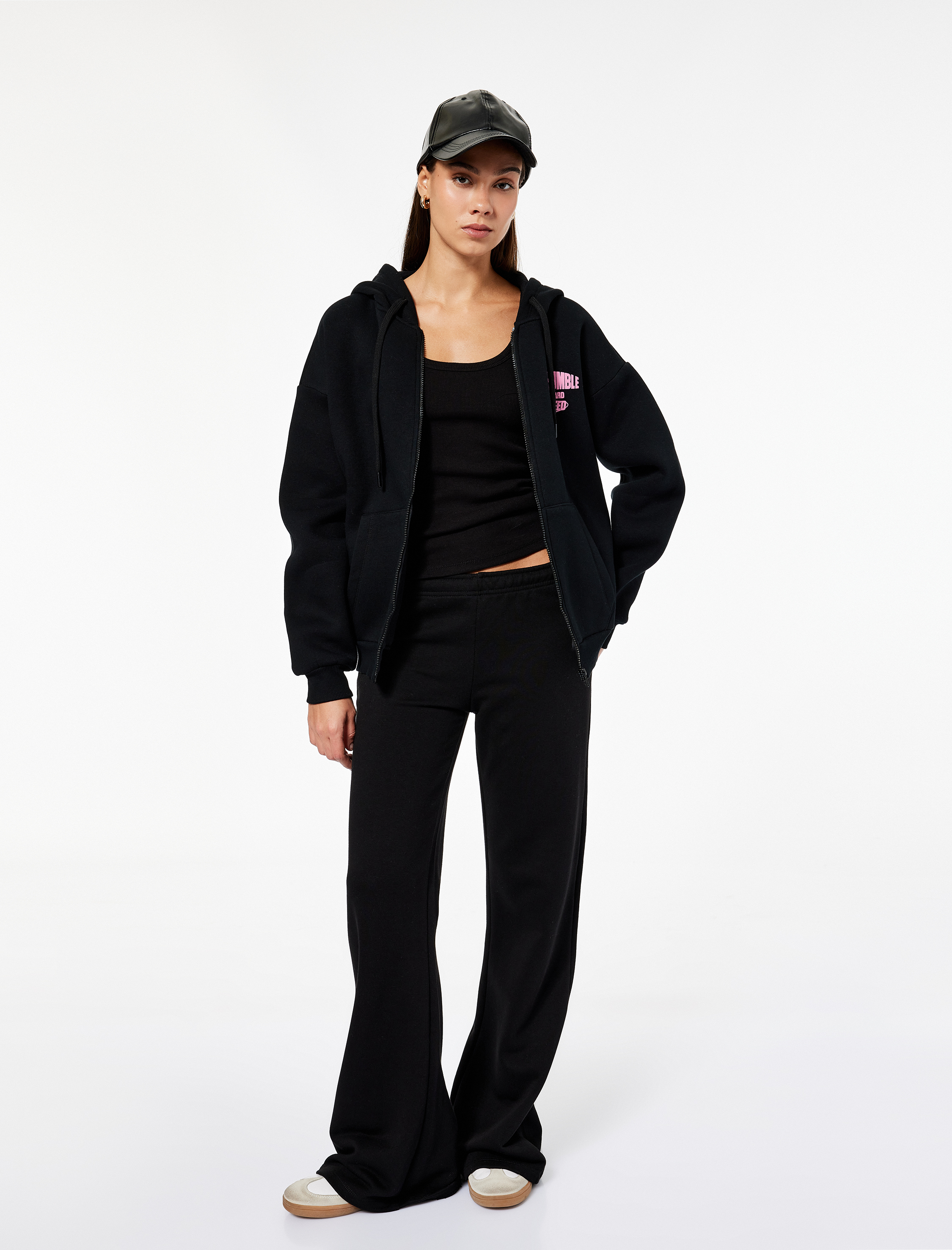   Arkası Baskılı Uzun Kollu Fermuarlı Kapüşonlu Şardonlu Oversize Sweatshirt