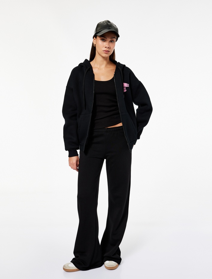  Arkası Baskılı Uzun Kollu Fermuarlı Kapüşonlu Şardonlu Oversize Sweatshirt