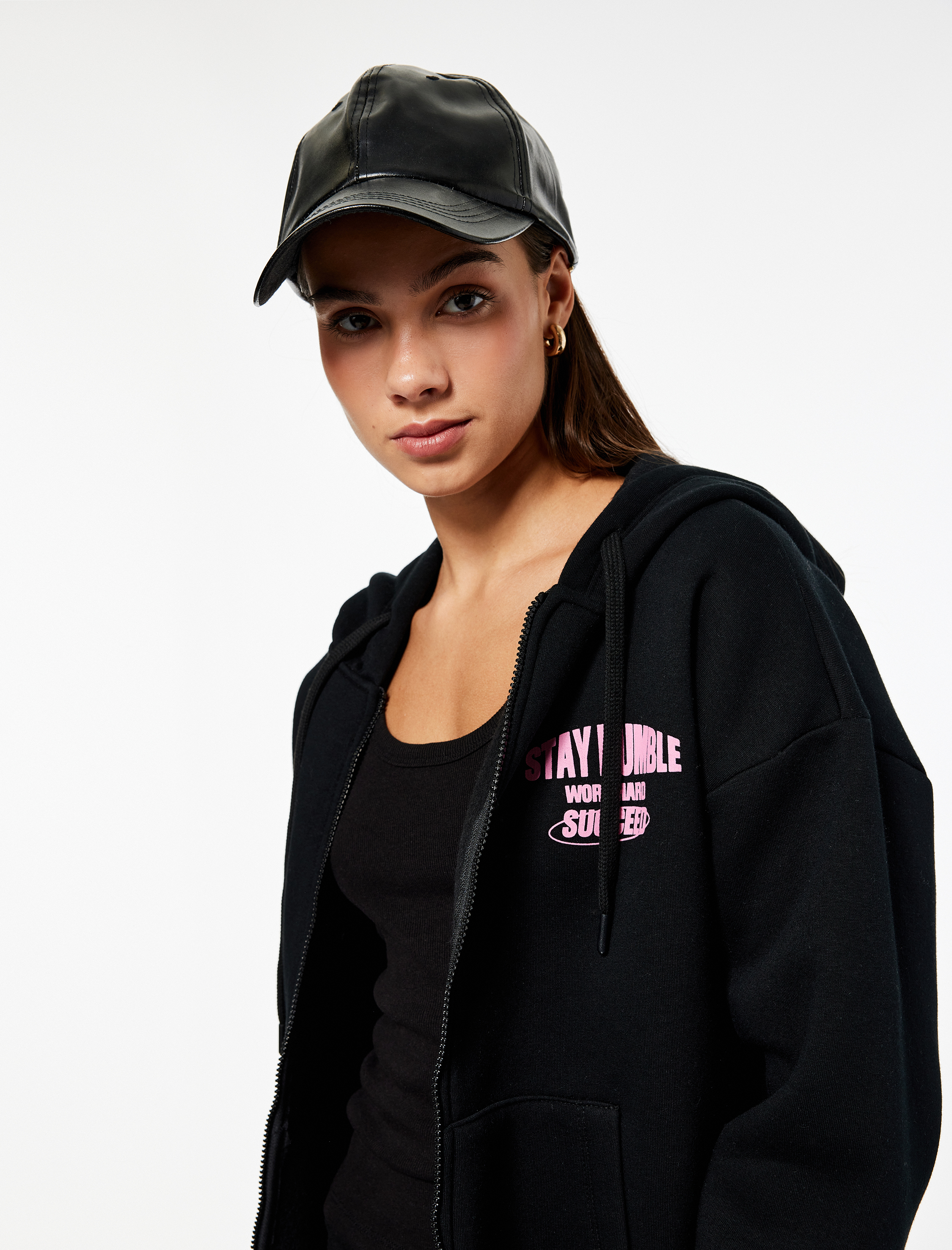   Arkası Baskılı Uzun Kollu Fermuarlı Kapüşonlu Şardonlu Oversize Sweatshirt