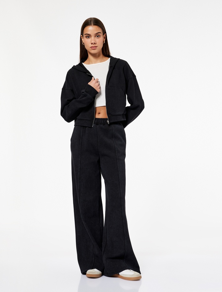  Şardonlu Rahat Kalıp Nervürlü Cepli Beli Lastikli Geniş Paça Eşofman Altı