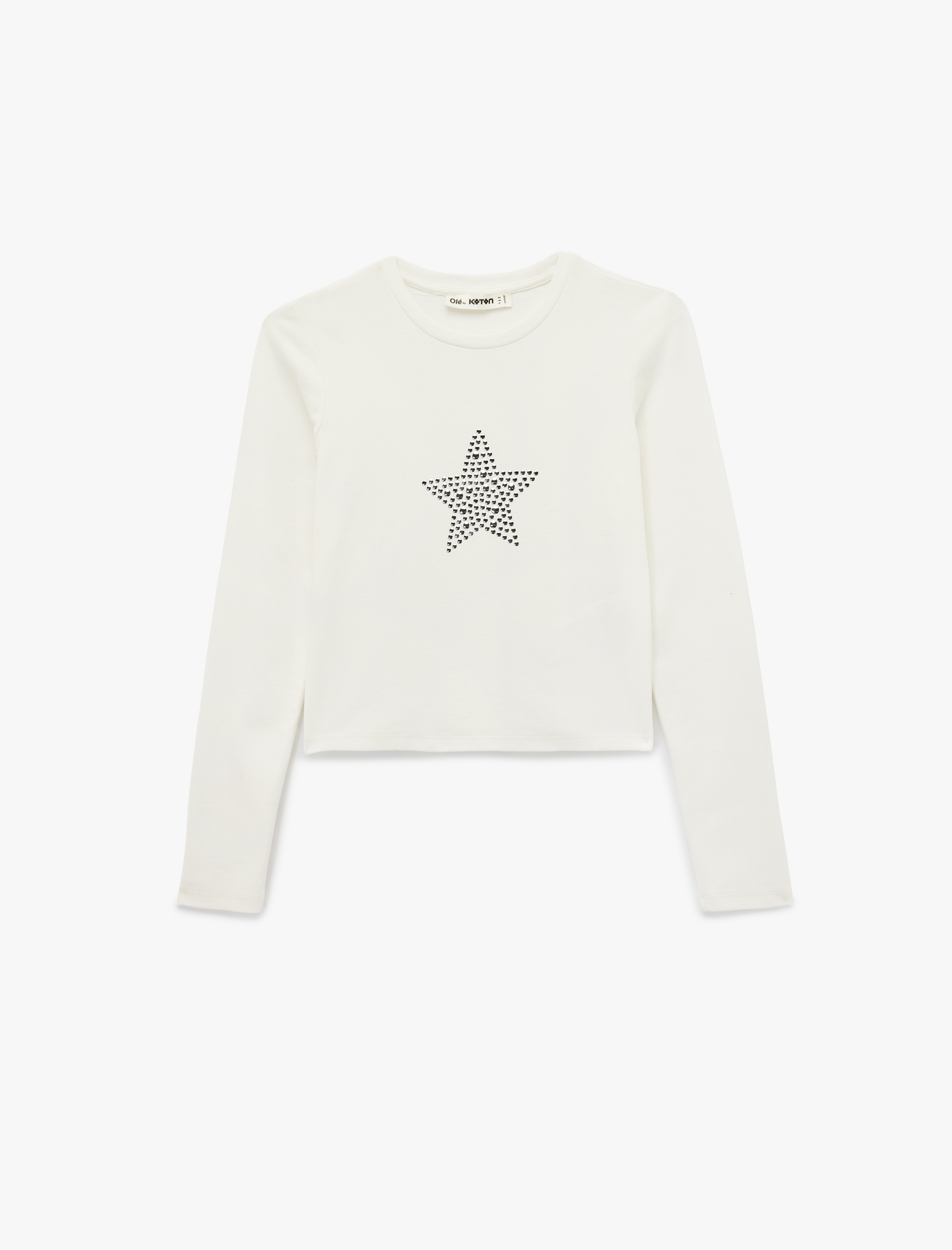 Pamuklu Slim Fit Uzun Kollu Bisiklet Yaka Yıldız İşlemeli Tişört