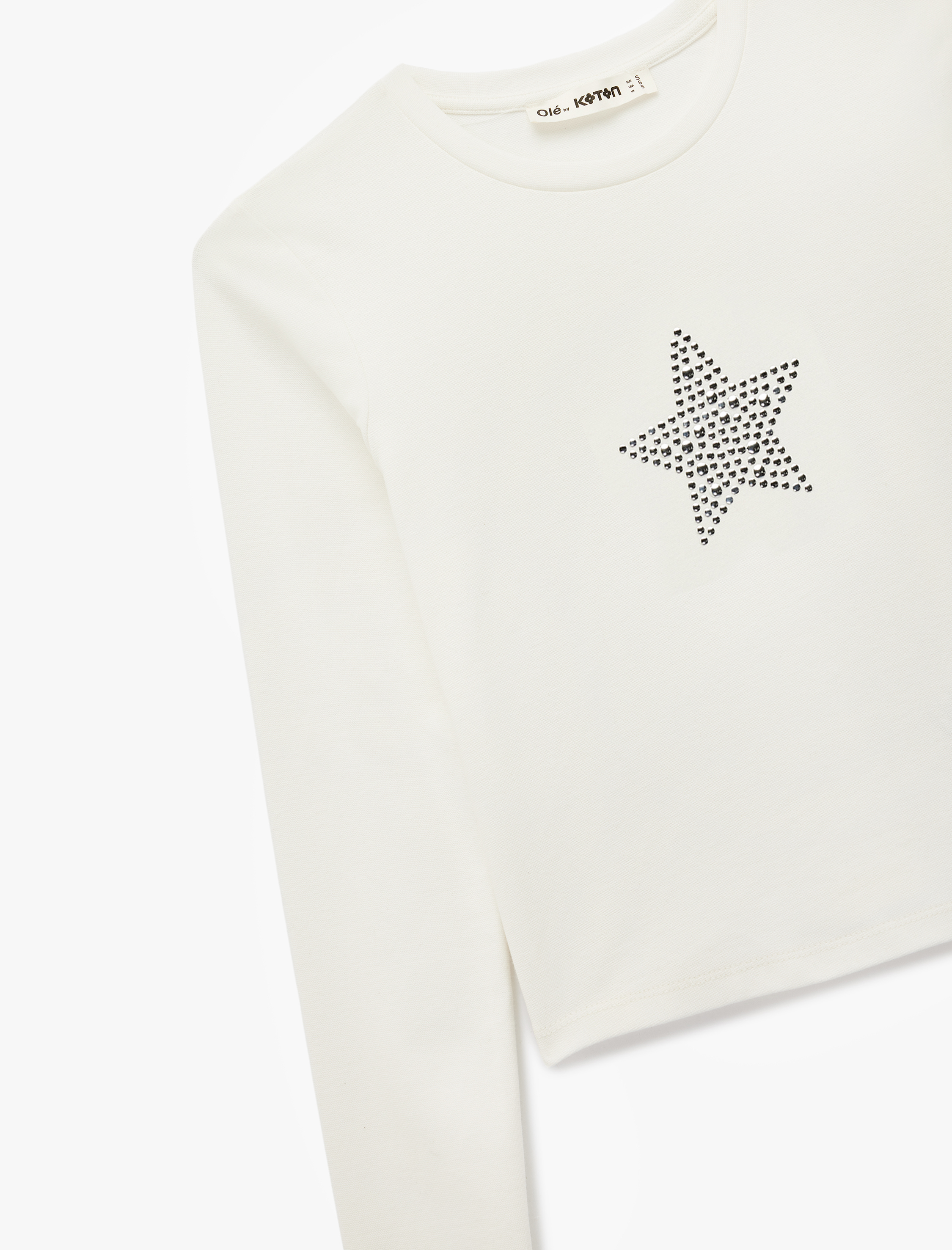 Pamuklu Slim Fit Uzun Kollu Bisiklet Yaka Yıldız İşlemeli Tişört