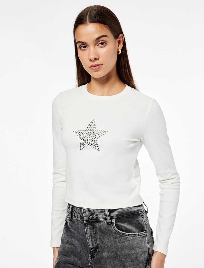  Pamuklu Slim Fit Uzun Kollu Bisiklet Yaka Yıldız İşlemeli Tişört