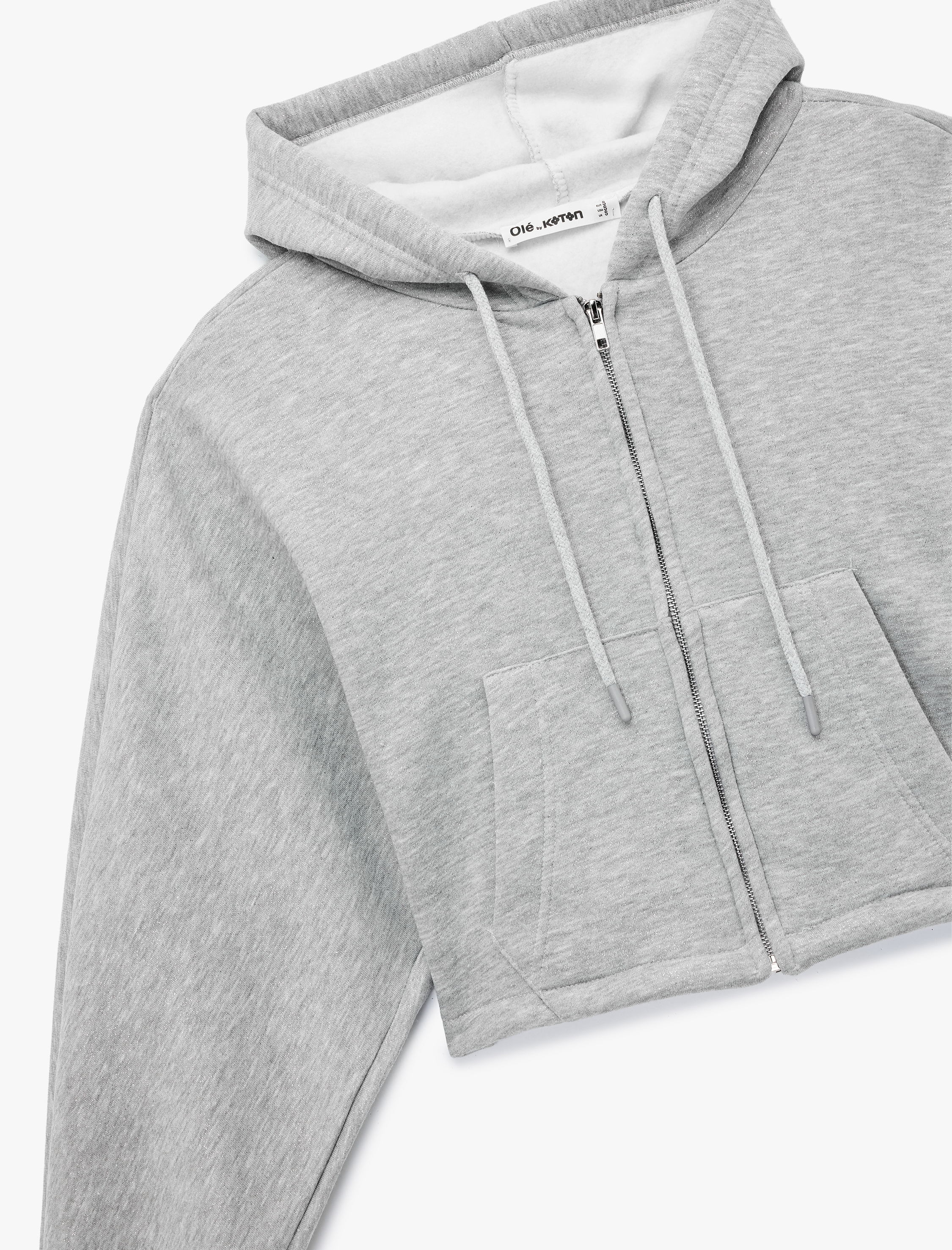 Şardonlu Kapüşonlu Baskılı Simli Cep Detaylı Fermuarlı Sweatshirt