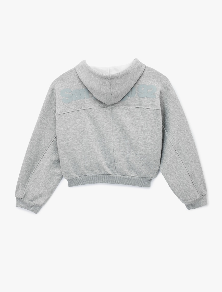   Şardonlu Kapüşonlu Baskılı Simli Cep Detaylı Fermuarlı Sweatshirt